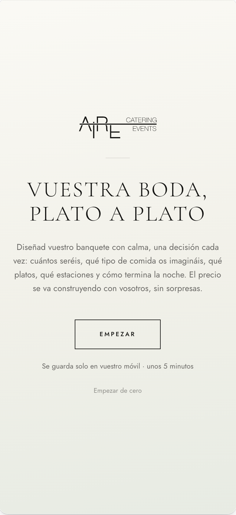 Pantalla de bienvenida del configurador de banquetes