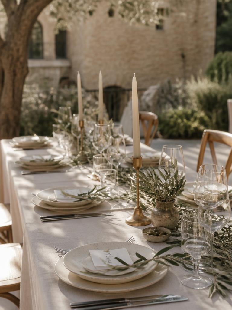 Mesa de boda montada al aire libre con mantel de lino, vajilla de cerámica y ramas de olivo